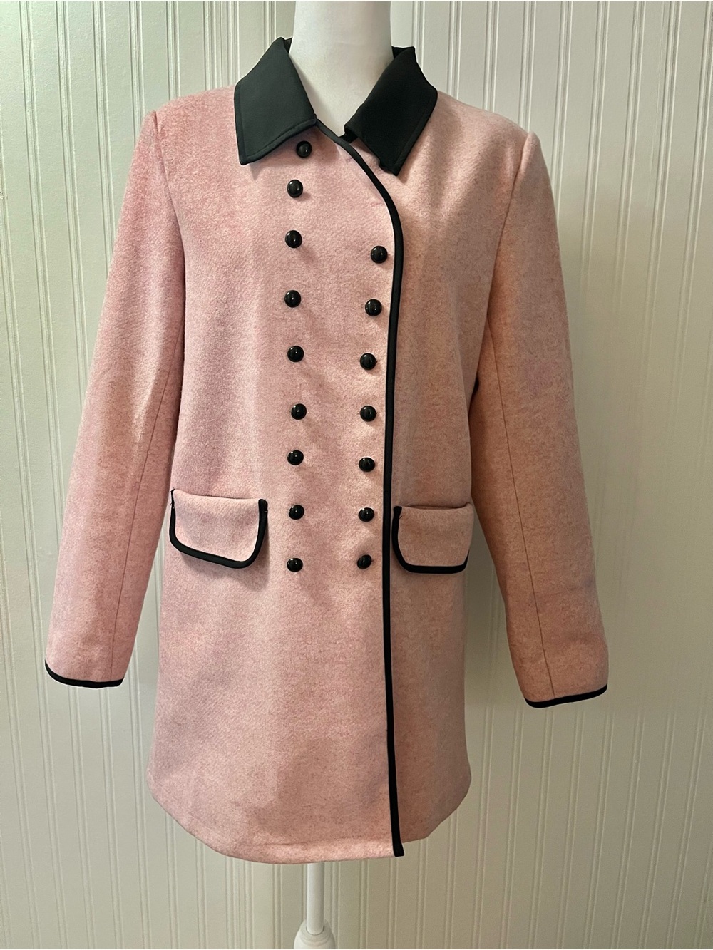 Pink Double-Breasted Wool-Blend Coat with Black Trim